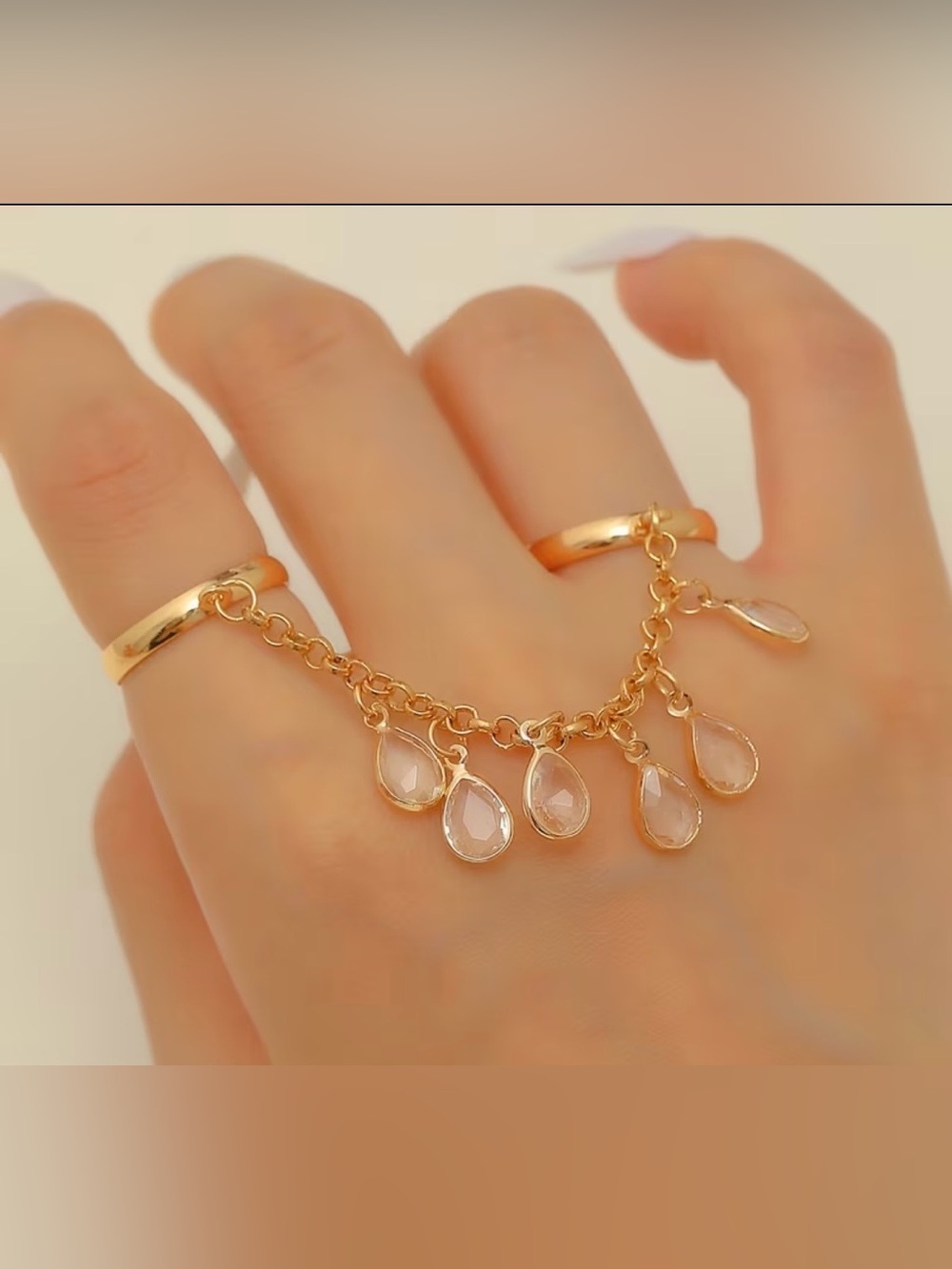 Fashion Jewelry Gold Chain Ring with Cryst Teardrop Charms -NWT